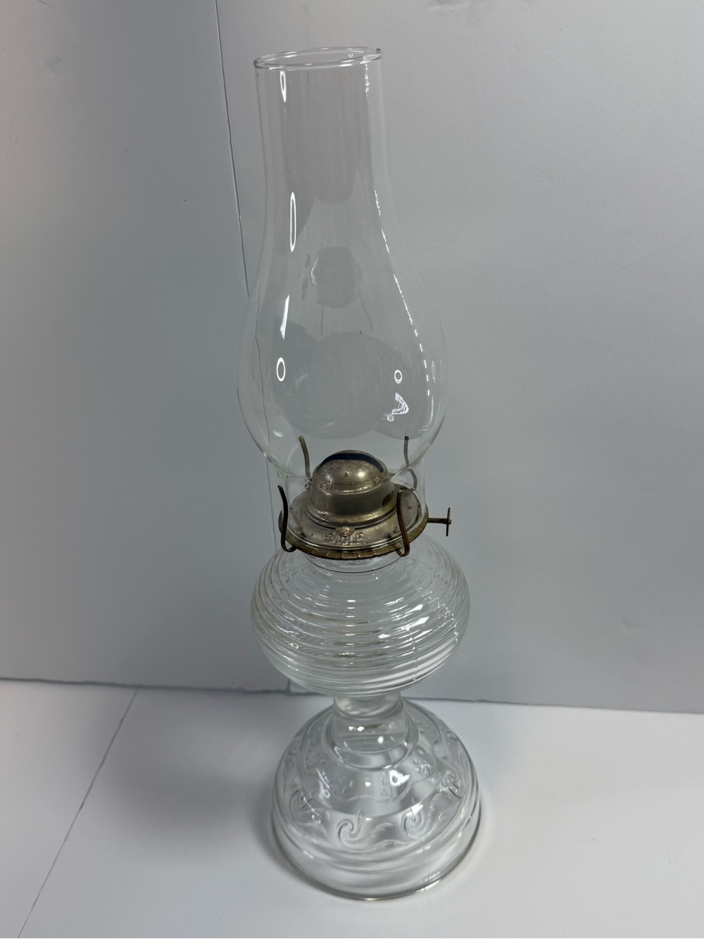 Vintage Ribbed Clear Glass Oil Lamp with Eagle Brass Burner EUC